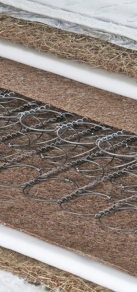 Presek dečijeg dušeka Piccolino – bonnell opružno jezgro sa slojevima PU pene i abaka vlakana na juti, za mekoću, prozračnost i prirodnu antibakterijsku zaštitu.