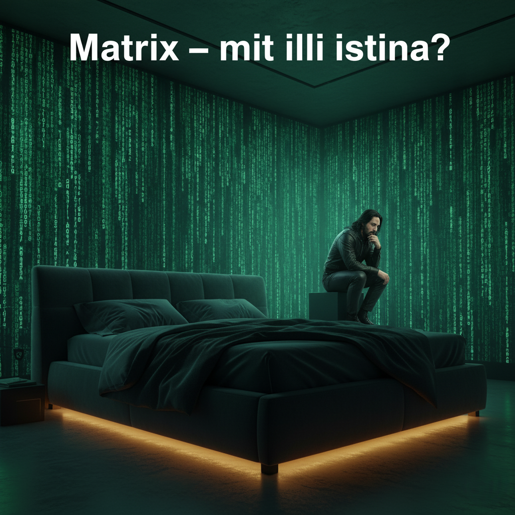 „Matrix – mit ili istina? Tapacirani krevet Bernarda sa digitalnim Matrix zidovima i figurom mislioca u pozadini”