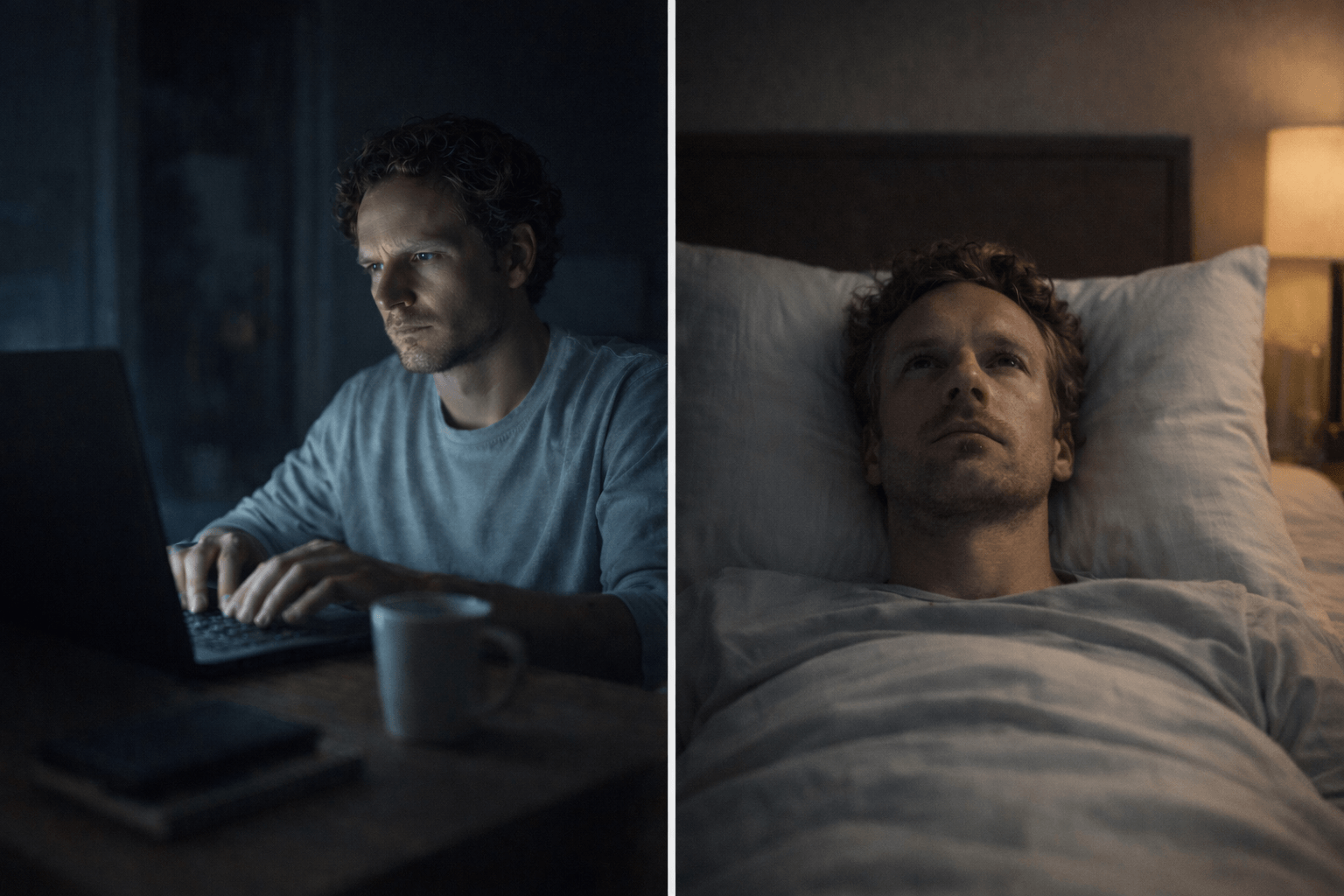 Umoran čovek leži budan u krevetu dok mozak ne može da se isključi